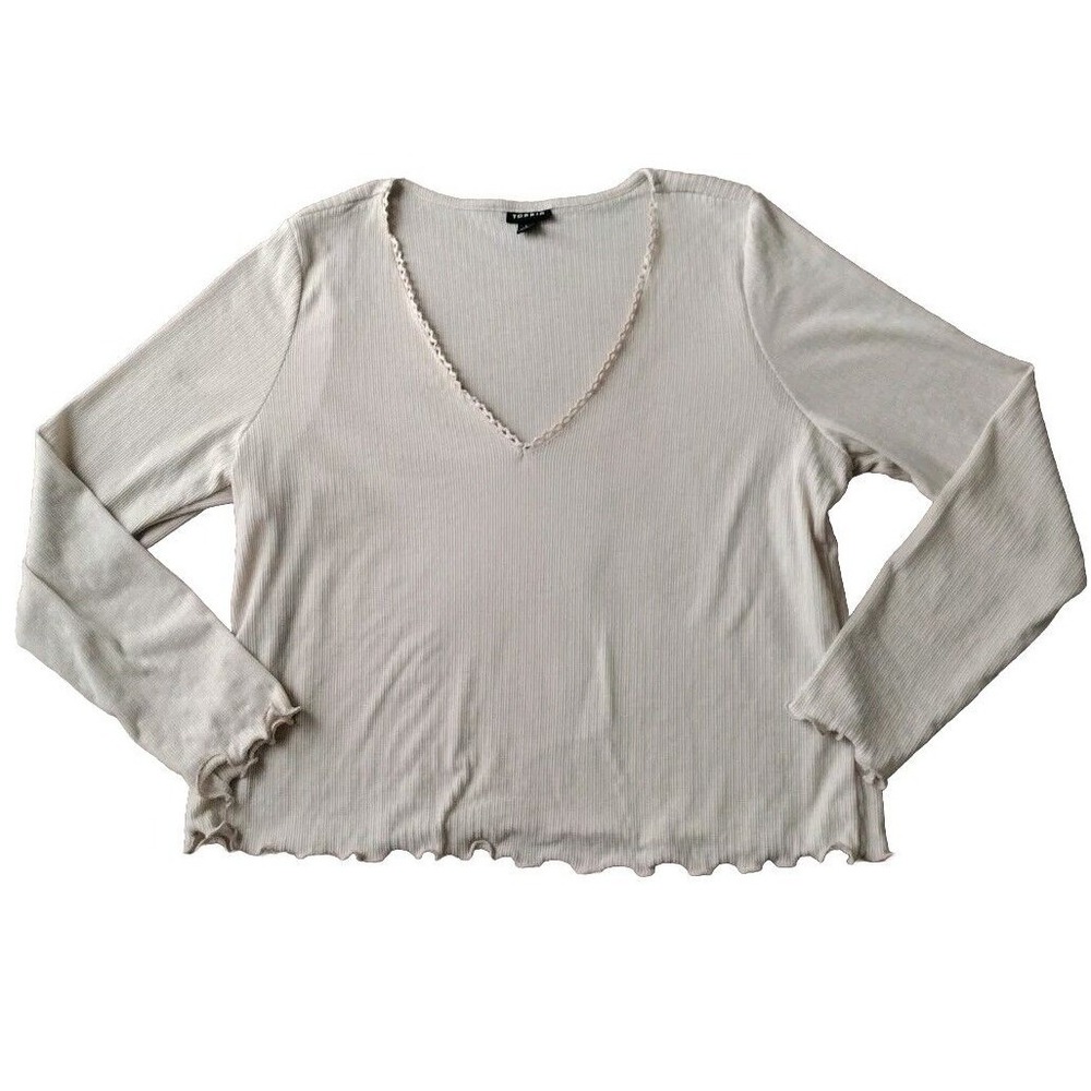 Torrid‎ Blouse Woman 1 Beige Lightweight Long Sleeve Lettuce Trim Crochet V Neck